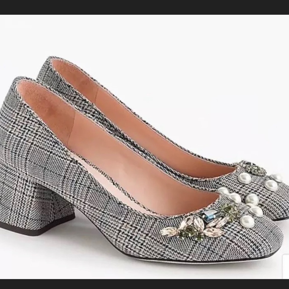 J. Crew Plaid Block Heel Embellished Pumps Size 12